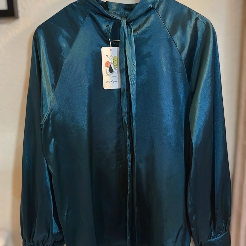 SHEIN Teal Full Length Sleeve Tie Back Blouse